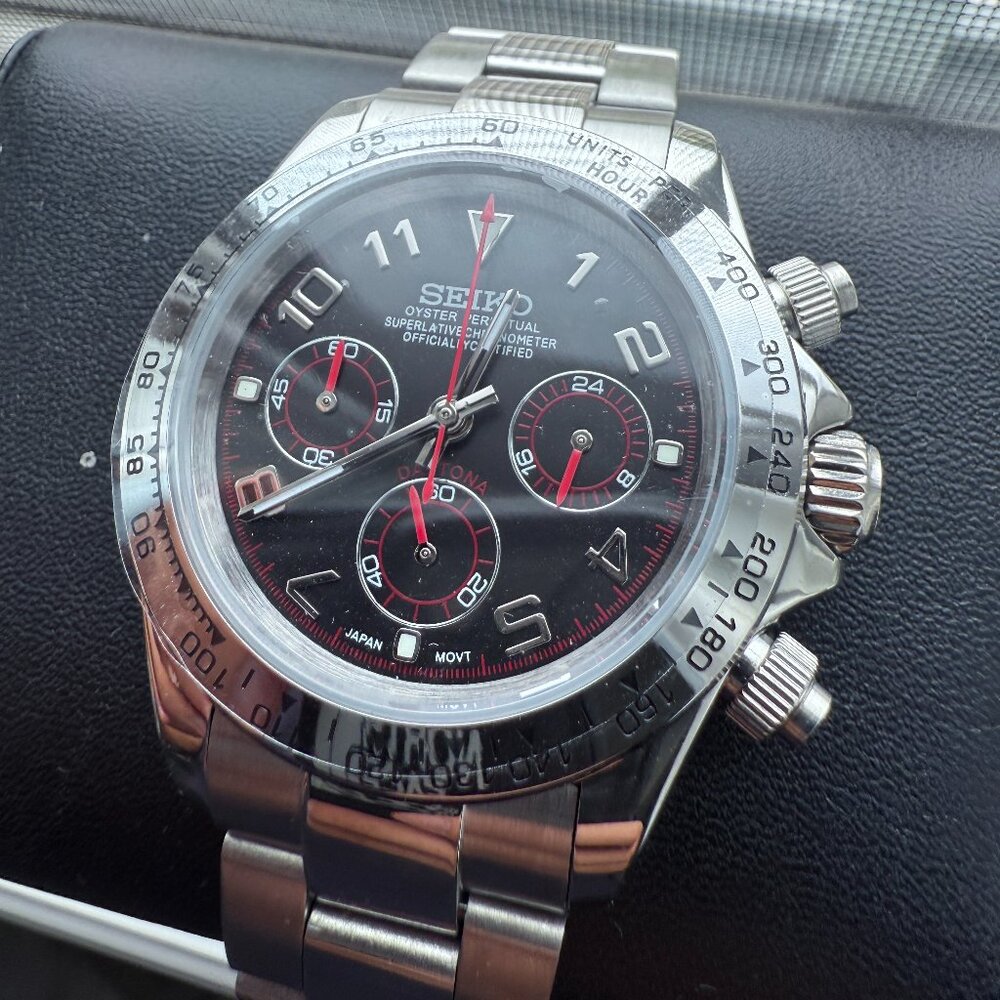 seiko mod custom red racing dial daytona chronograph watch